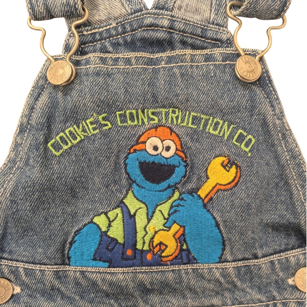 Vtg Sesame Street Cookie Monster Embroidered Denim Overall Bibs Shorts 12M Y2K